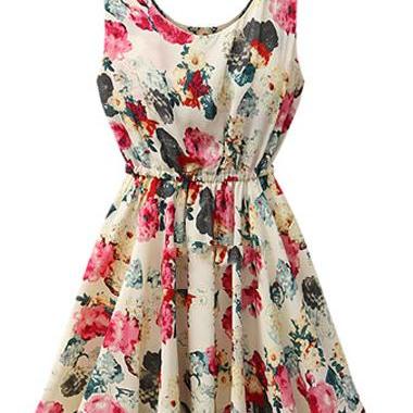 Sleeveless Floral Printed A Line Dress on Luulla
