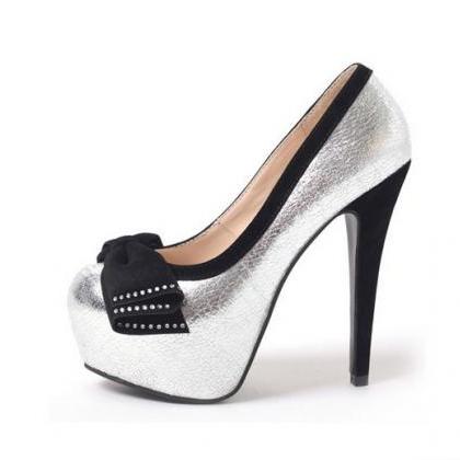 silver high heels with bow
