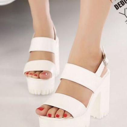 White Double Strap Chunky Heel Sandals on Luulla