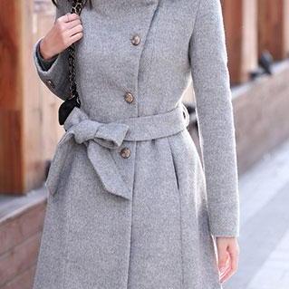 European Style Slim Bowknot Sash Pure Color Worsted Coat 