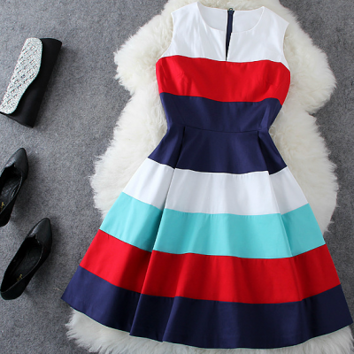 Wide Colour Stripes, Sleeveless Pure Color Princess Dress