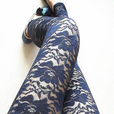 Navy Blue Flower With Lace Carved Leggings