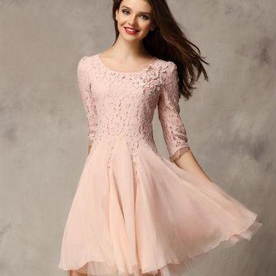 Classy Lace And Chiffon Long Sleeve Dress In Pink And Black