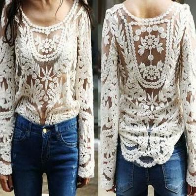 White Crochet Lace Blouse Oversize Loose Tops Shirt Long Sleeve