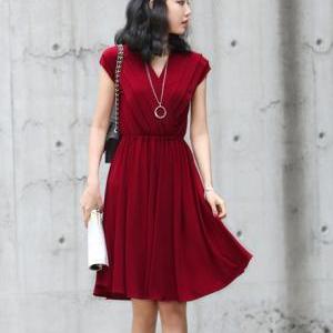 Charming V Neck Cap Sleeve Cotton Wrap Dress - Wine Red