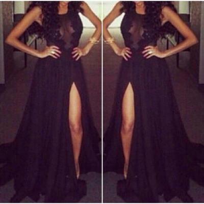Elegant Black Lace And Chiffon Long Dress With Slit