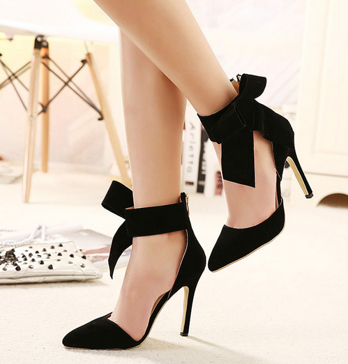 Black Pointed Toe Stiletto High Heels With Side Bow on Luulla