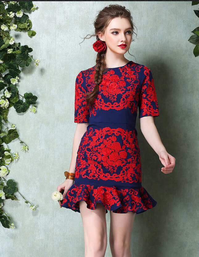 New Heavy Red Lotus Leaf Embroidered Skirt Waist Dress on Luulla