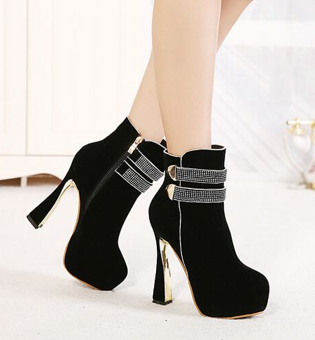 Elegant Black Rhinestone Design High Heel Fashion Boots on Luulla